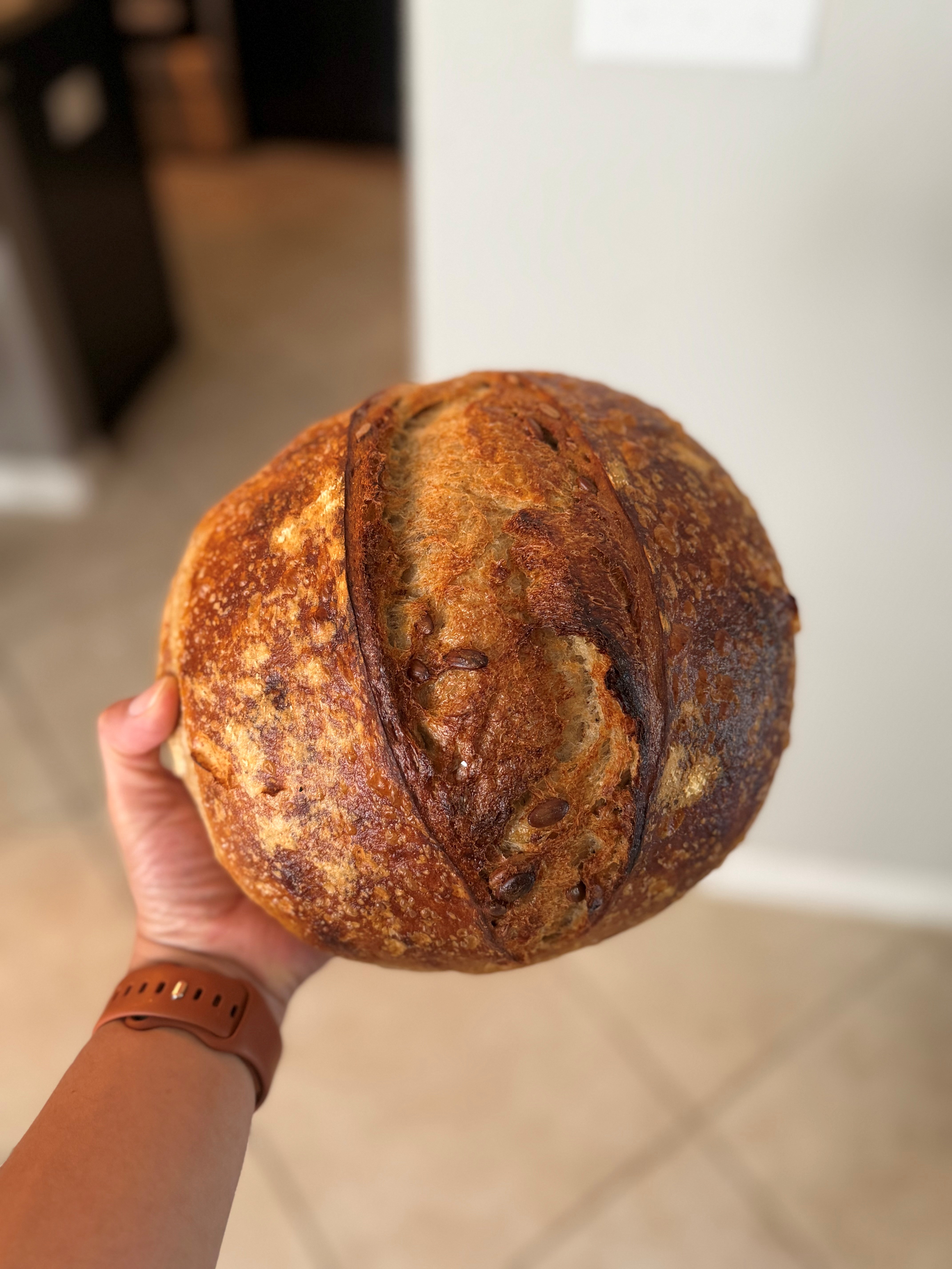 Rustic sourdough on cutting board